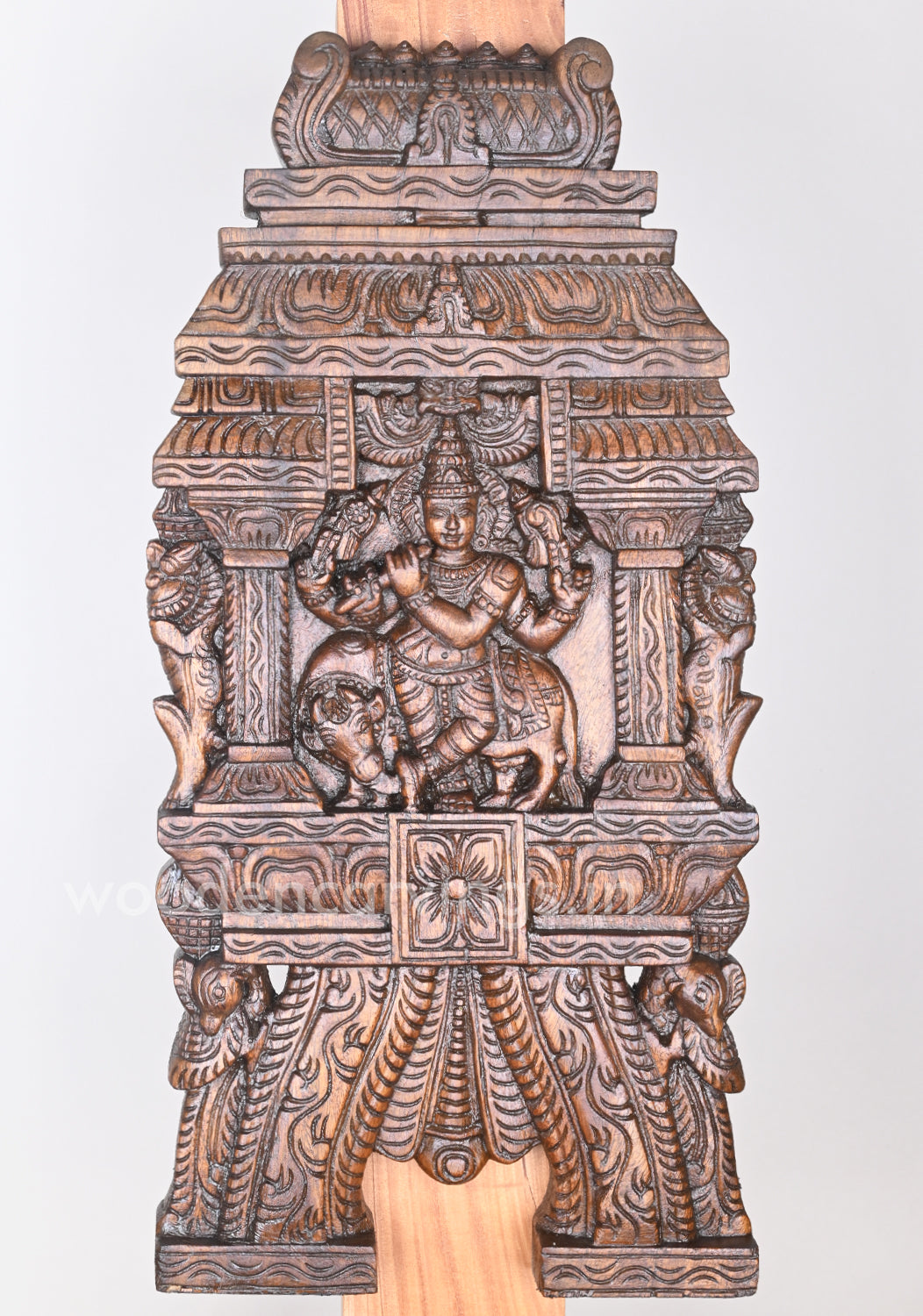 Lord Krishna Playing With Flute Bansuri and Auspicious Cow Wooden Kavadi 24"