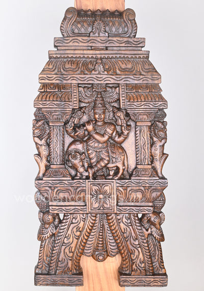 Lord Krishna Playing With Flute Bansuri and Auspicious Cow Wooden Kavadi 24"