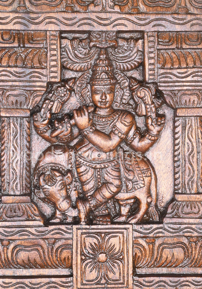 Lord Krishna Playing With Flute Bansuri and Auspicious Cow Wooden Kavadi 24"