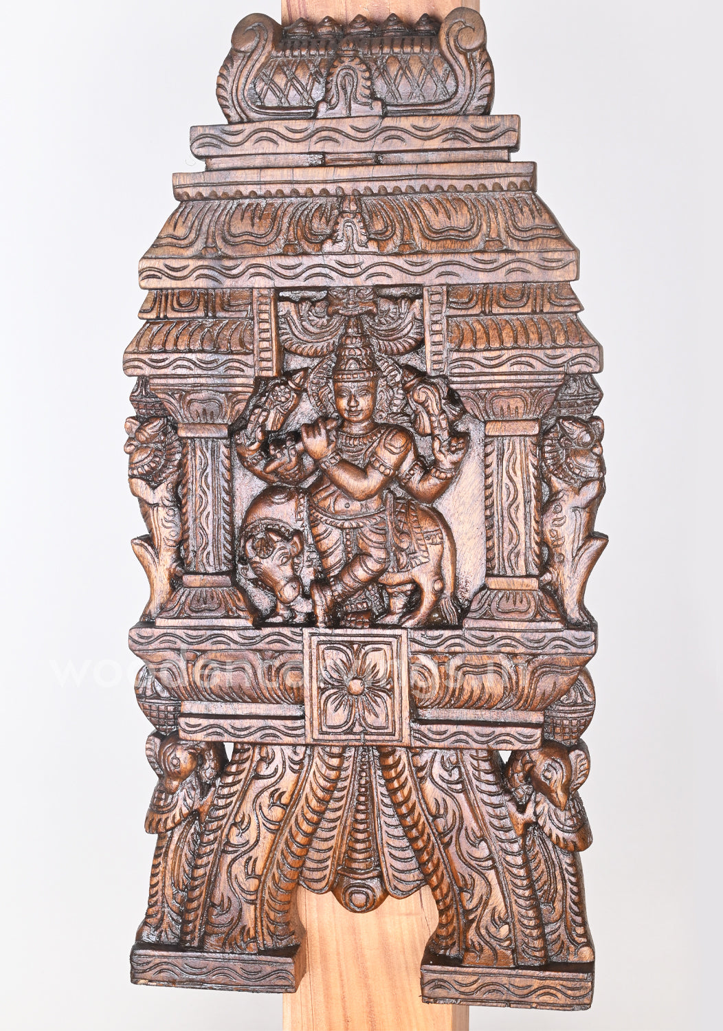 Lord Krishna Playing With Flute Bansuri and Auspicious Cow Wooden Kavadi 24"