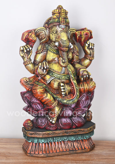 Handcraft Ganesha Seated on Double Petal Pink Lotus Showpiece Wooden Sculpture 24"