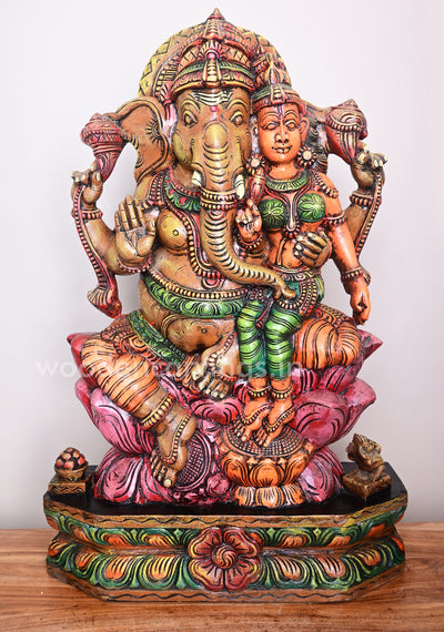 Ganesha Seated on Dark Pink Lotus With His Consort Wooden Sculpture 35"