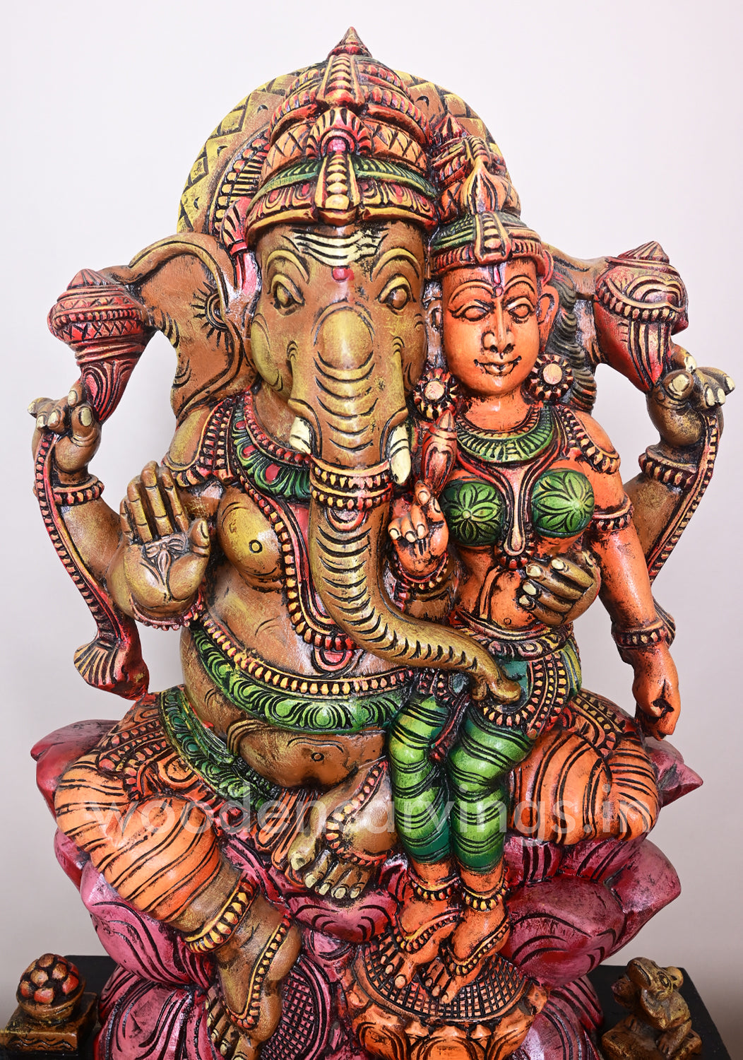 Ganesha Seated on Dark Pink Lotus With His Consort Wooden Sculpture 35"