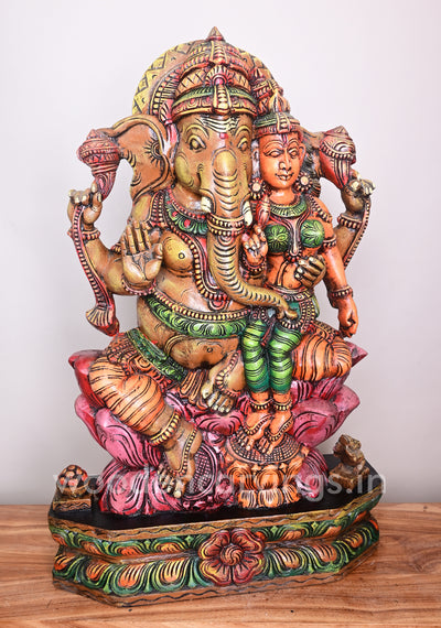 Ganesha Seated on Dark Pink Lotus With His Consort Wooden Sculpture 35"