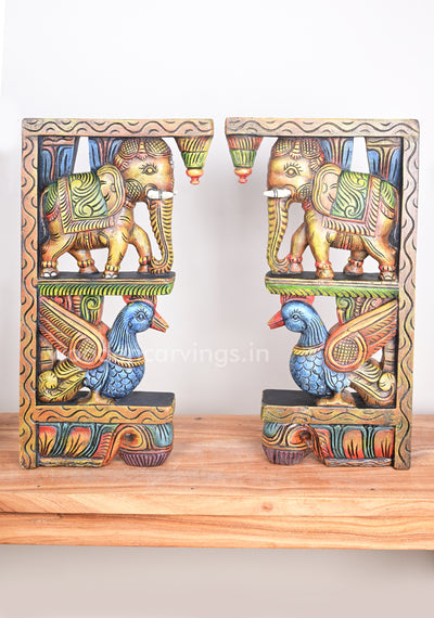 Yellow Elephants With Blue Hamsa (Annapakshi) Multicoloured Wall Brackets 25"