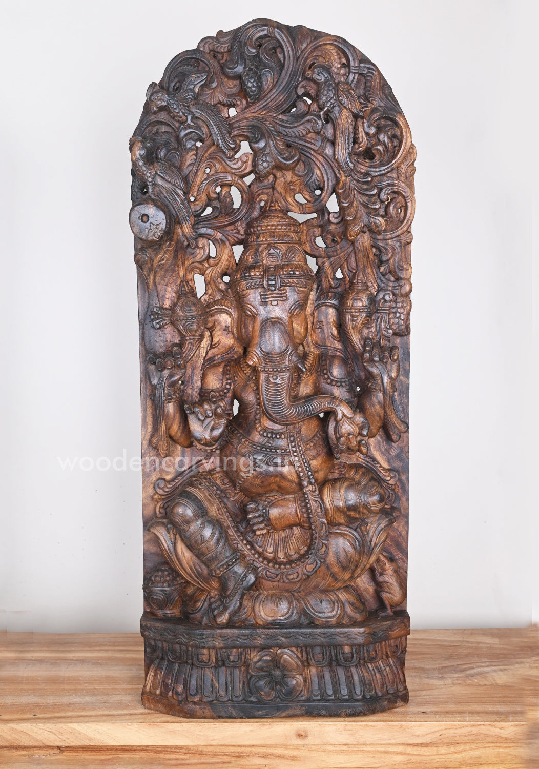 Wax Brown Hooks Fixed Lord Ganesha Eating Mothak on lotus Jali Work Wall Mount 37"