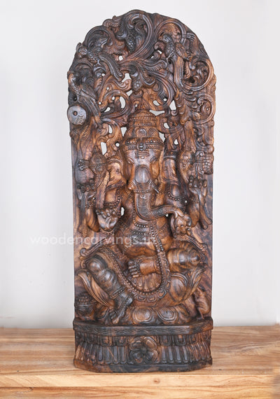Wax Brown Hooks Fixed Lord Ganesha Eating Mothak on lotus Jali Work Wall Mount 37"