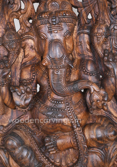 Wax Brown Hooks Fixed Lord Ganesha Eating Mothak on lotus Jali Work Wall Mount 37"