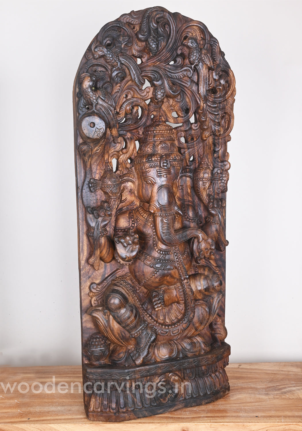 Wax Brown Hooks Fixed Lord Ganesha Eating Mothak on lotus Jali Work Wall Mount 37"