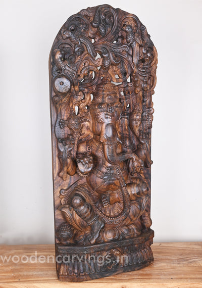 Wax Brown Hooks Fixed Lord Ganesha Eating Mothak on lotus Jali Work Wall Mount 37"