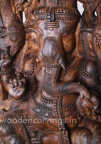 Wax Brown Hooks Fixed Lord Ganesha Eating Mothak on lotus Jali Work Wall Mount 37"
