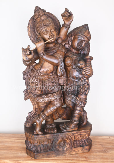 Art of Charming Krishna Playing Flute with Radha Standing Wooden Sculpture 37"