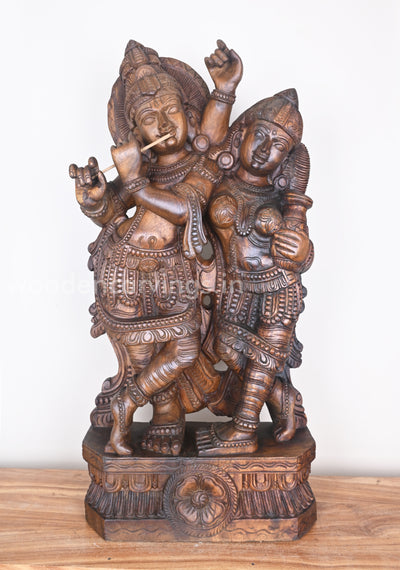 Art of Charming Krishna Playing Flute with Radha Standing Wooden Sculpture 37"