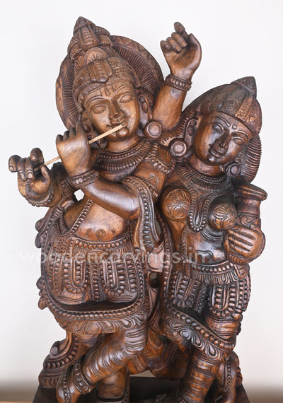 Art of Charming Krishna Playing Flute with Radha Standing Wooden Sculpture 37"