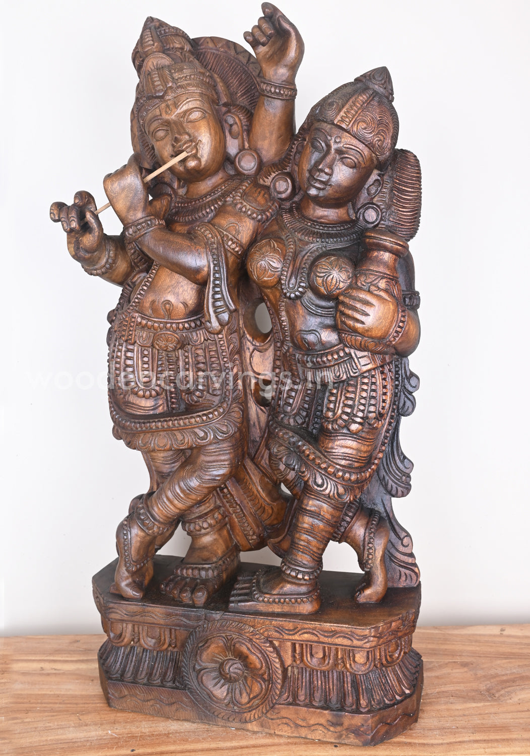 Art of Charming Krishna Playing Flute with Radha Standing Wooden Sculpture 37"