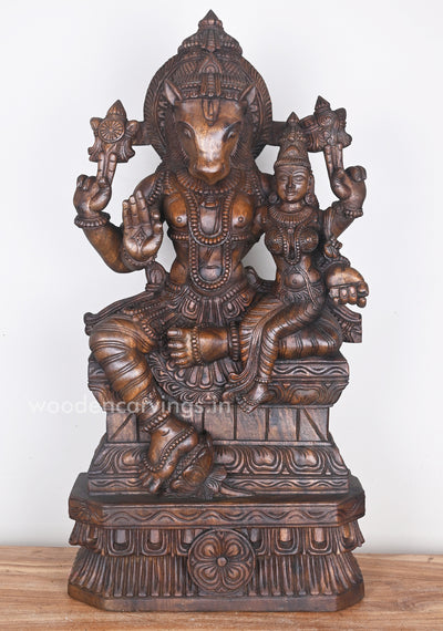 Horse Headed Lord Hayagriva Seated With His consort Wooden Sculpture 36"