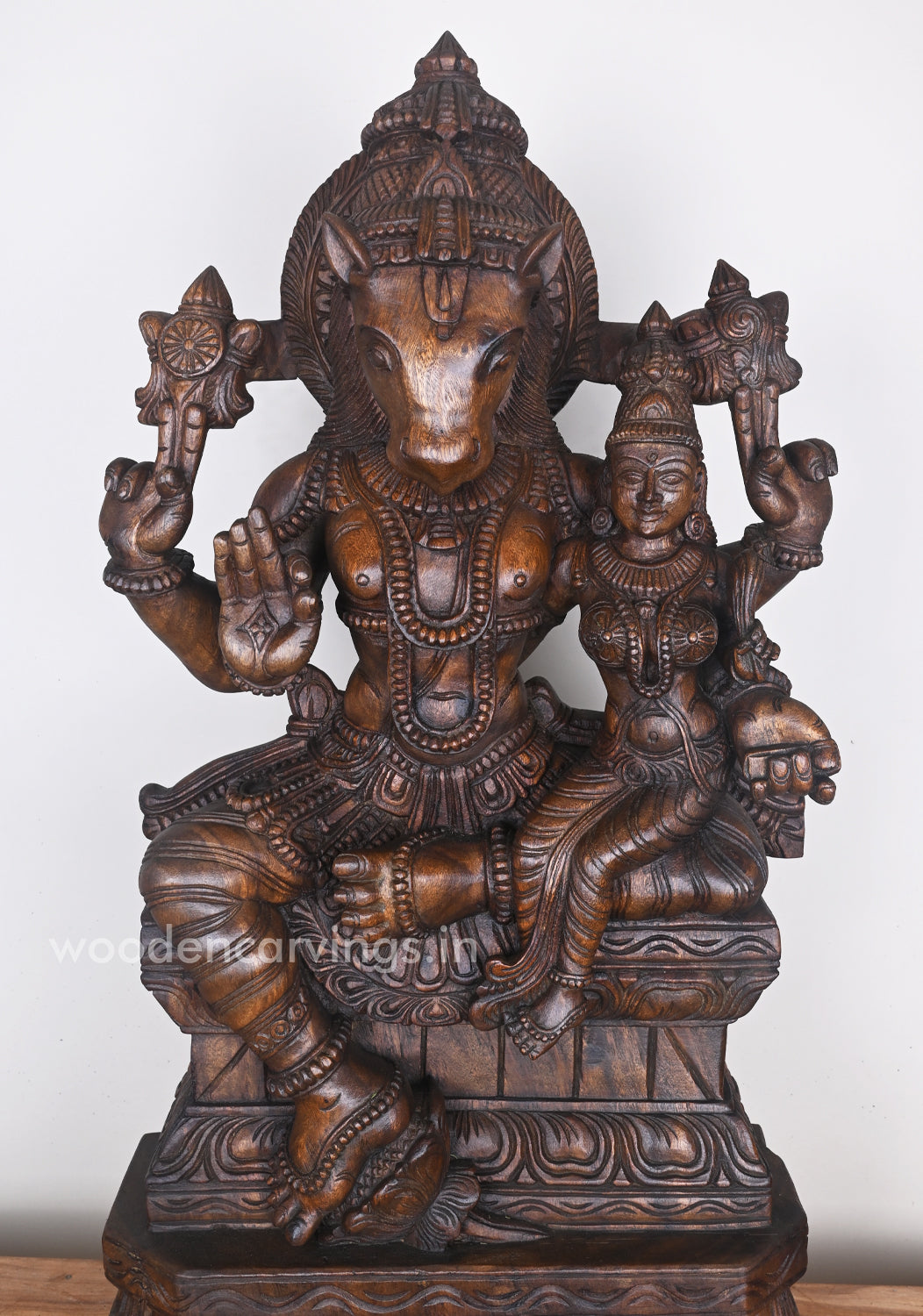 Horse Headed Lord Hayagriva Seated With His consort Wooden Sculpture 36"