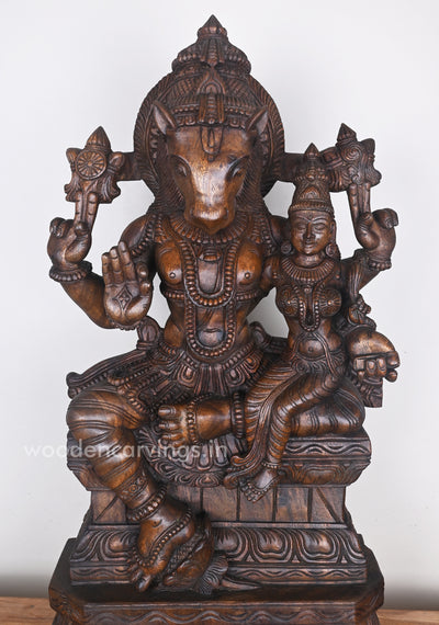 Horse Headed Lord Hayagriva Seated With His consort Wooden Sculpture 36"