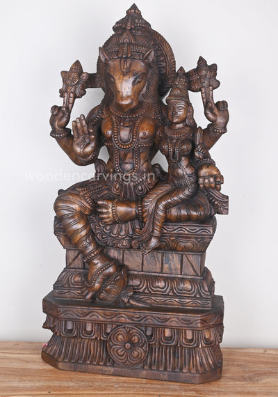 Horse Headed Lord Hayagriva Seated With His consort Wooden Sculpture 36"