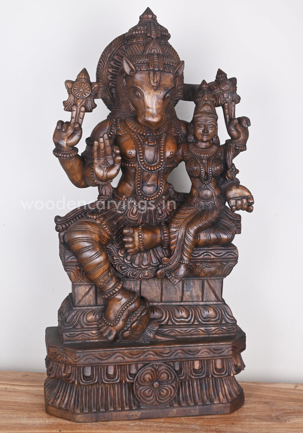 Horse Headed Lord Hayagriva Seated With His consort Wooden Sculpture 36"