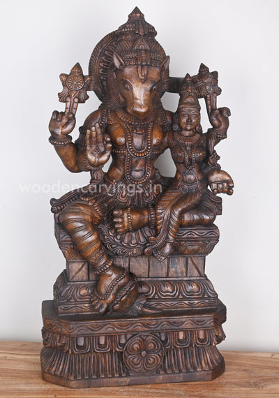 Horse Headed Lord Hayagriva Seated With His consort Wooden Sculpture 36"