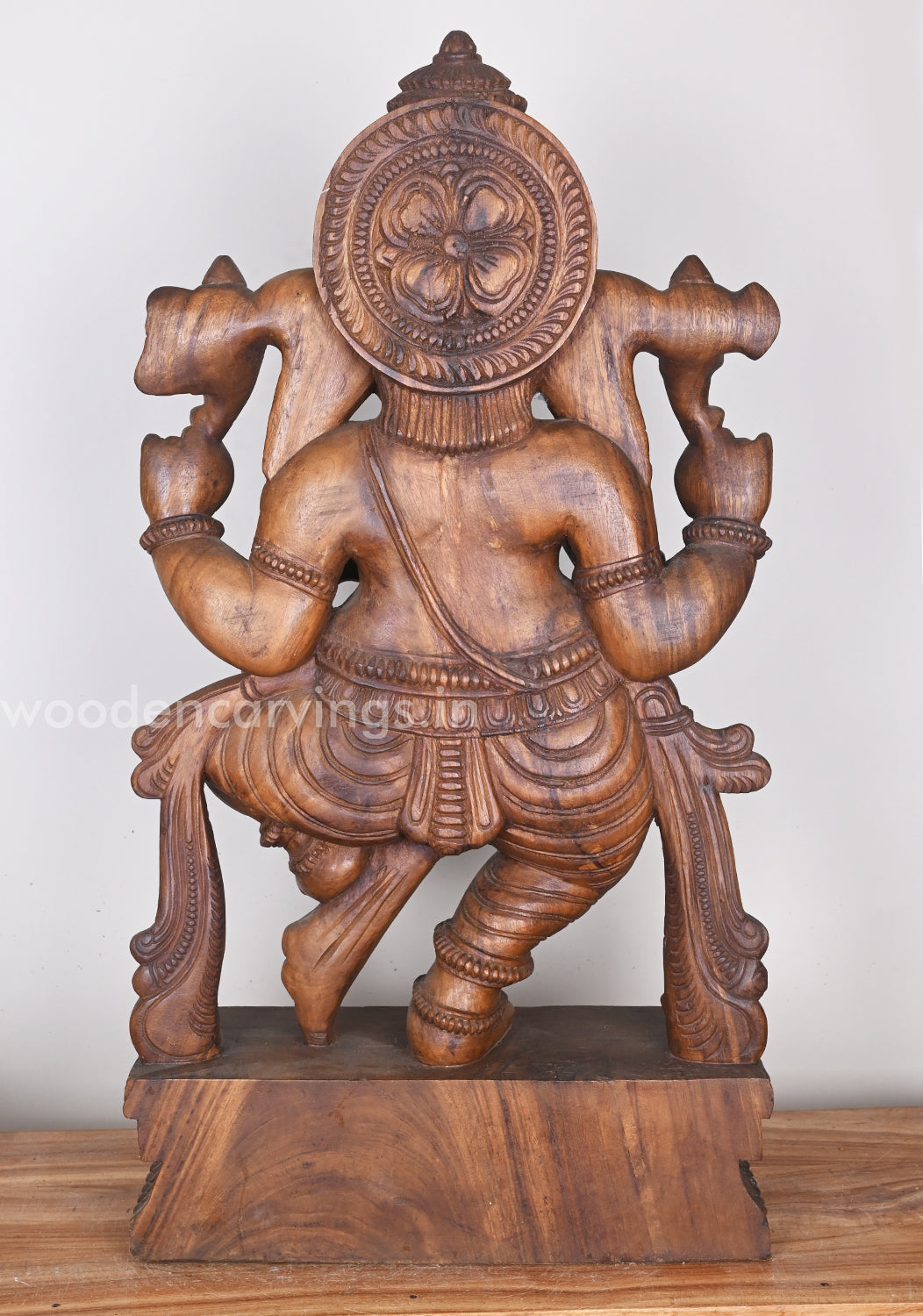 Brown Dancing Belly Ganesha Standing and Eating Mothak Wooden Sculpture 36"