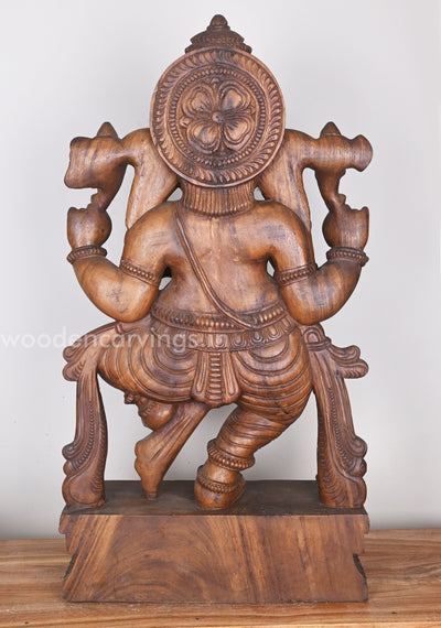 Brown Dancing Belly Ganesha Standing and Eating Mothak Wooden Sculpture 36"