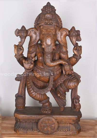 Brown Dancing Belly Ganesha Standing and Eating Mothak Wooden Sculpture 36"