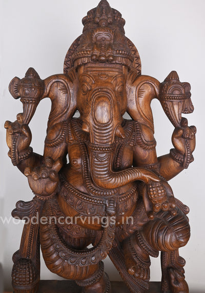 Brown Dancing Belly Ganesha Standing and Eating Mothak Wooden Sculpture 36"