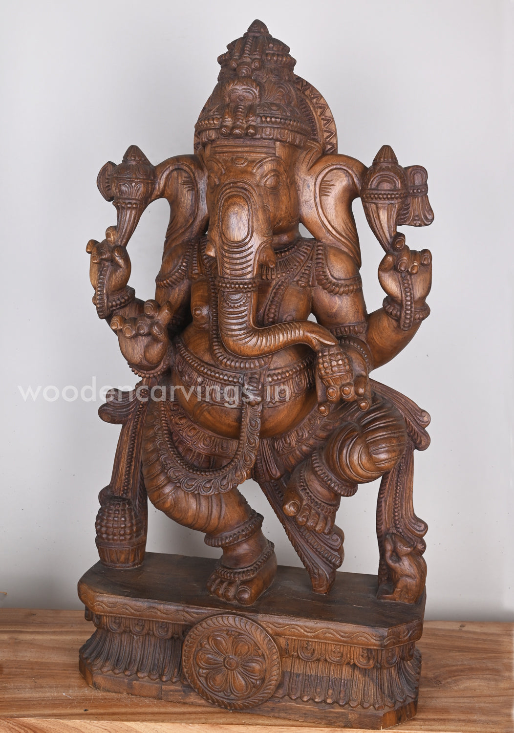 Brown Dancing Belly Ganesha Standing and Eating Mothak Wooden Sculpture 36"