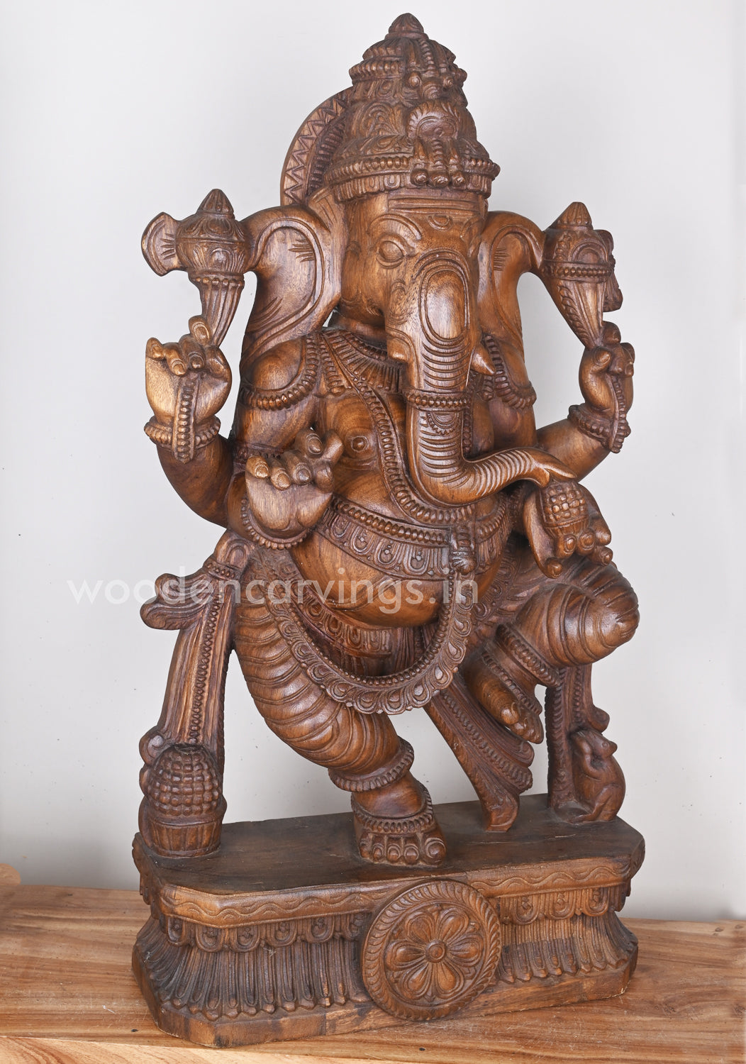 Brown Dancing Belly Ganesha Standing and Eating Mothak Wooden Sculpture 36"