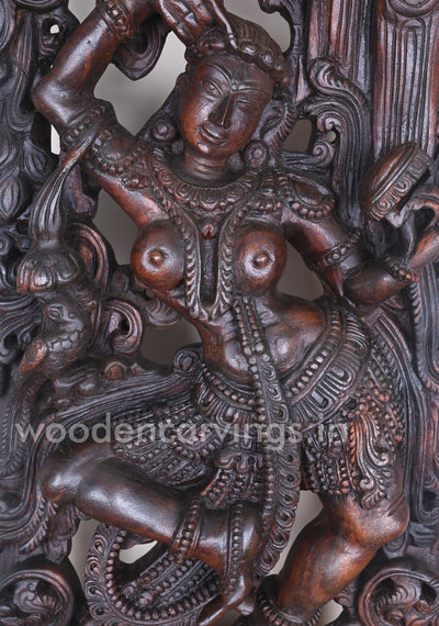 Statue of Stunning Gorgeous Apsara Wear Bindi Holding Mirror Standing Wooden Sculpture 48"