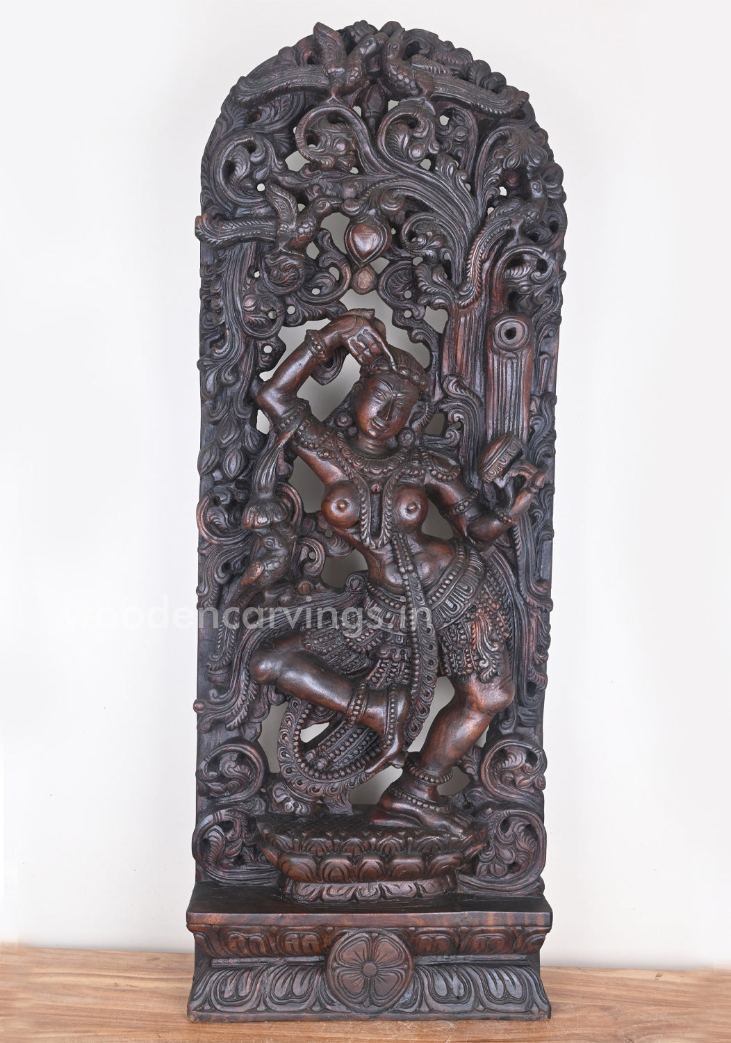 Statue of Stunning Gorgeous Apsara Wear Bindi Holding Mirror Standing Wooden Sculpture 48"