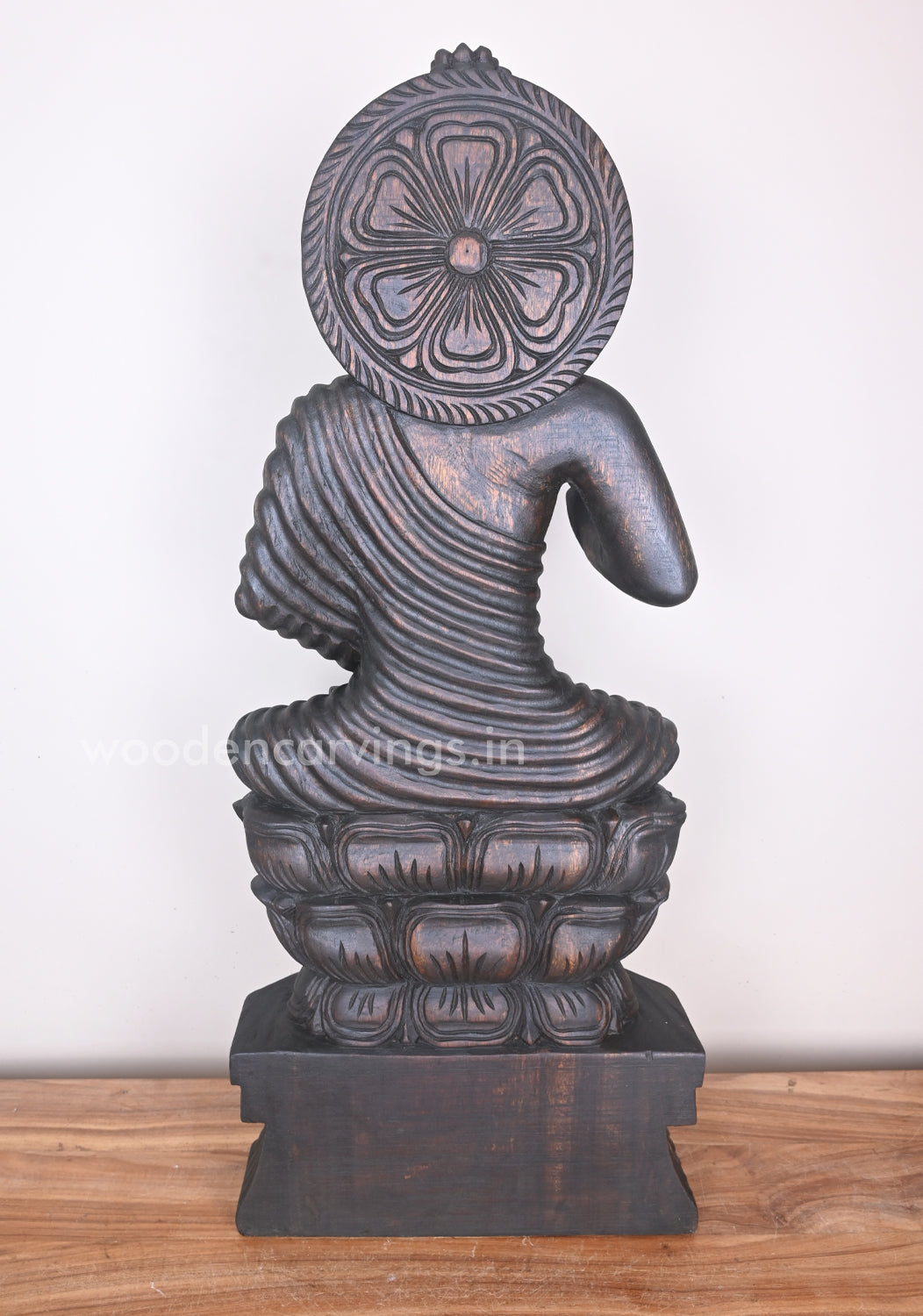 Buddha in Dark Brown Finishing Seated on Double Petal Lotus With Vitarka Mudra Sculpture 37"