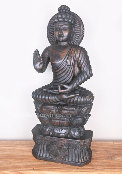 Buddha in Dark Brown Finishing Seated on Double Petal Lotus With Vitarka Mudra Sculpture 37"
