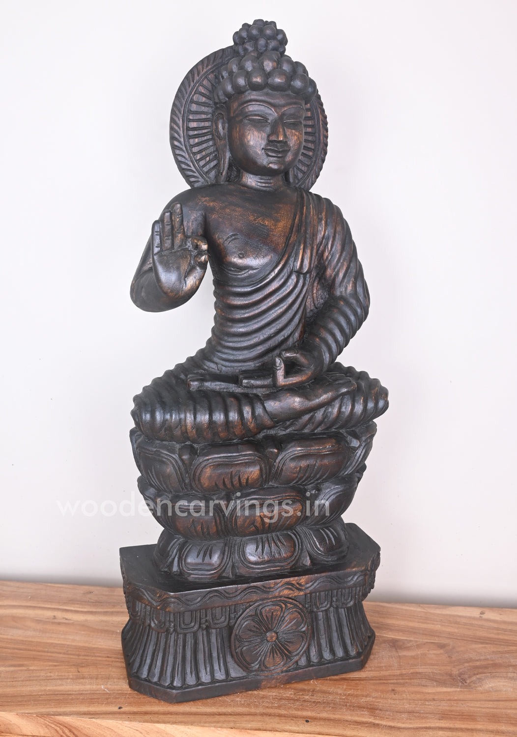 Buddha in Dark Brown Finishing Seated on Double Petal Lotus With Vitarka Mudra Sculpture 37"