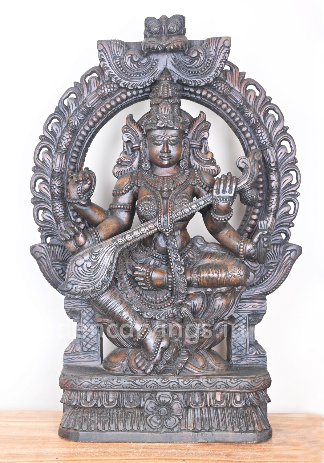 Arch of Mangala Saraswathi Maa Holding Veena on Lotus Wooden Sculpture 36"