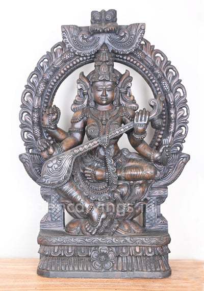 Arch of Mangala Saraswathi Maa Holding Veena on Lotus Wooden Sculpture 36"