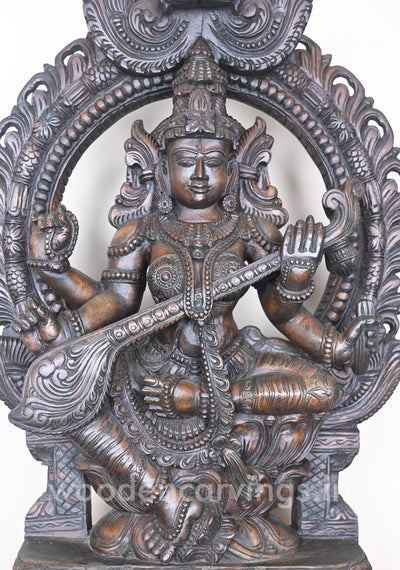 Arch of Mangala Saraswathi Maa Holding Veena on Lotus Wooden Sculpture 36"