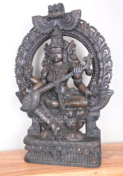 Arch of Mangala Saraswathi Maa Holding Veena on Lotus Wooden Sculpture 36"
