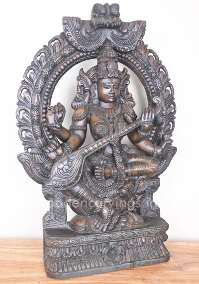 Arch of Mangala Saraswathi Maa Holding Veena on Lotus Wooden Sculpture 36"