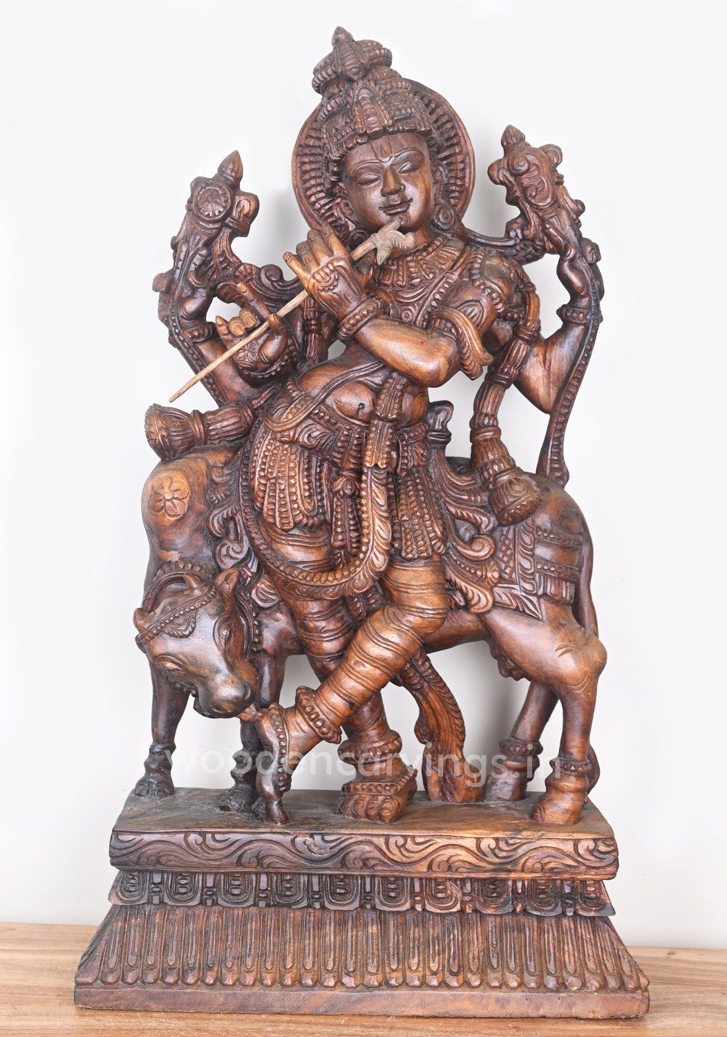 Beautiful Lord Krishna Standing With Cow and Playing With Flute Wooden Sculpture 36"