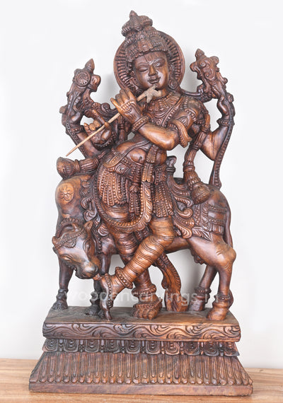 Beautiful Lord Krishna Standing With Cow and Playing With Flute Wooden Sculpture 36"