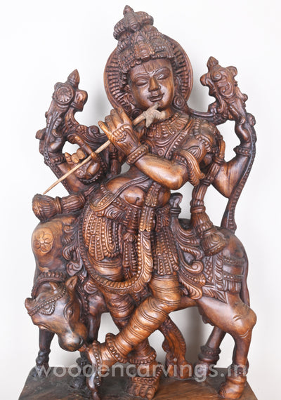 Beautiful Lord Krishna Standing With Cow and Playing With Flute Wooden Sculpture 36"