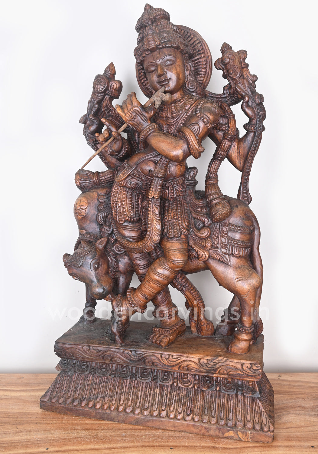 Beautiful Lord Krishna Standing With Cow and Playing With Flute Wooden Sculpture 36"