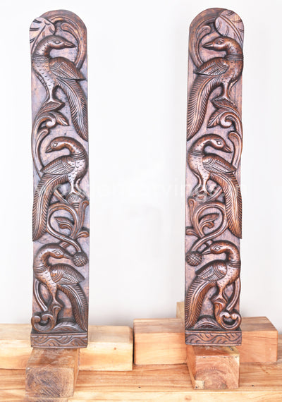Natural Standing Realistic Peacock Vertical Paired Wooden Wall Panel 37"
