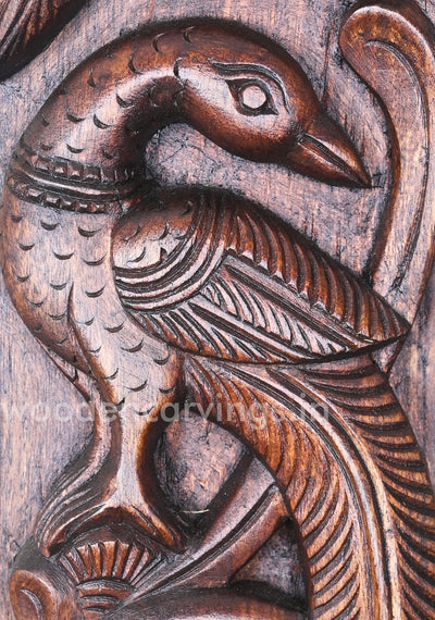 Natural Standing Realistic Peacock Vertical Paired Wooden Wall Panel 37"
