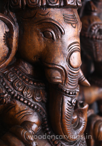 Gorgeous Ganesha Having Six Arms and He Calmly Seated on Lotus Wooden Jali Work Wall Mount 60"