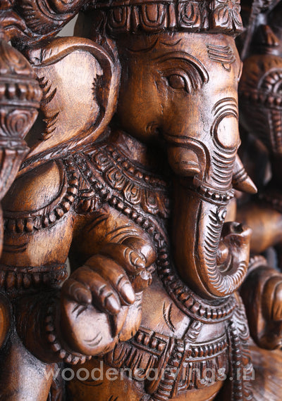 Gorgeous Ganesha Having Six Arms and He Calmly Seated on Lotus Wooden Jali Work Wall Mount 60"