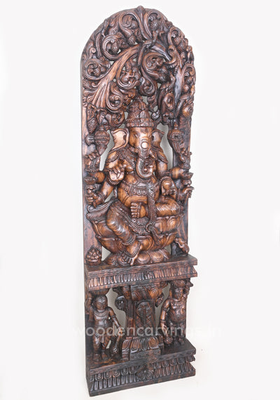 Gorgeous Ganesha Having Six Arms and He Calmly Seated on Lotus Wooden Jali Work Wall Mount 60"